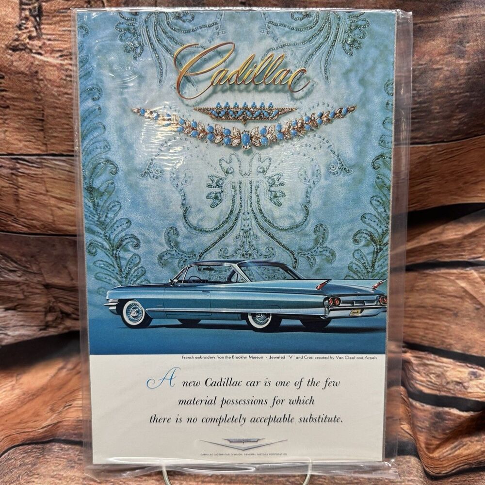 1961 Cadillac Ad Print Sixty-Two Coupe Van Cleef Arpels Jeweled V Crest Vintage